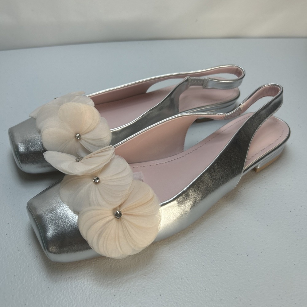 Silver Metallic Floral Slingback Flats Women's Size 8 Square Toe Chiffon NIB